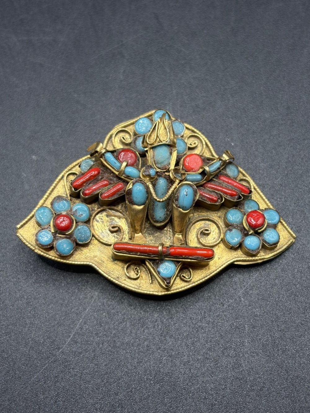 Vintage Asian Deity Wind God Coral Turquoise Glass Beaded Brass Brooch Pin